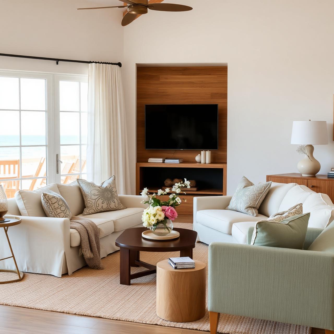 A bright, thoughtfully prepared coastal living room ready for guests